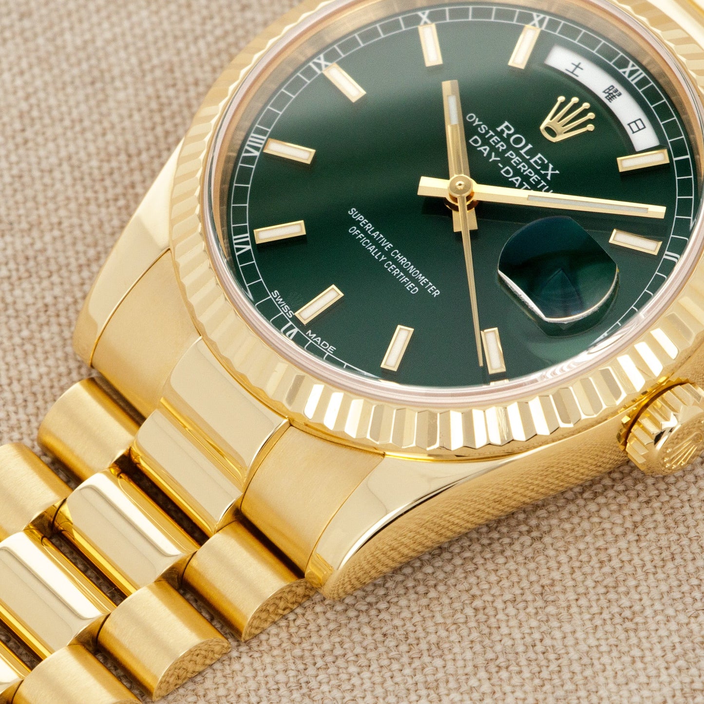 Rolex Yellow Gold Day-Date Green Dial Watch Ref. 118238 with Kanji Date Wheel