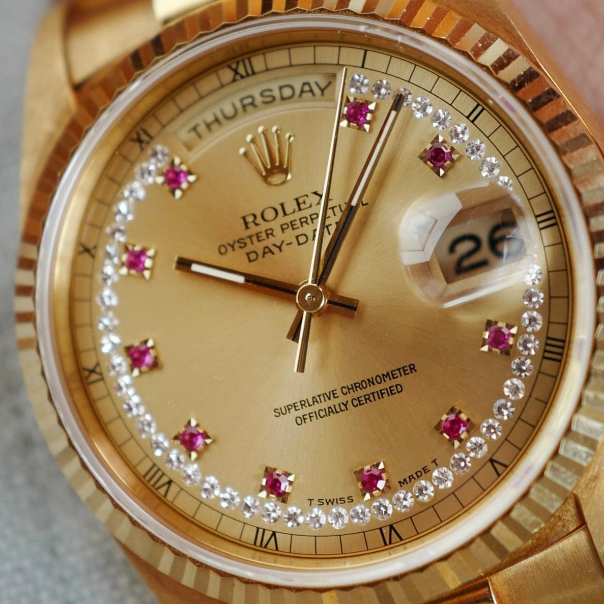 Rolex Yellow Gold Day Date Ruby Diamond String Dial Ref. 18238 (NEW ARRIVAL)