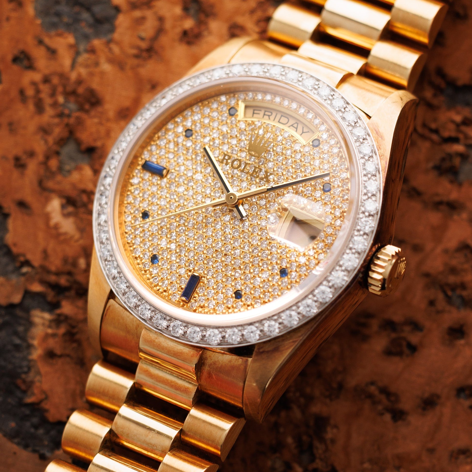 Rolex Yellow Gold Day-Date Watch Ref. 18048 with Pave Diamond and Sapphire Dial