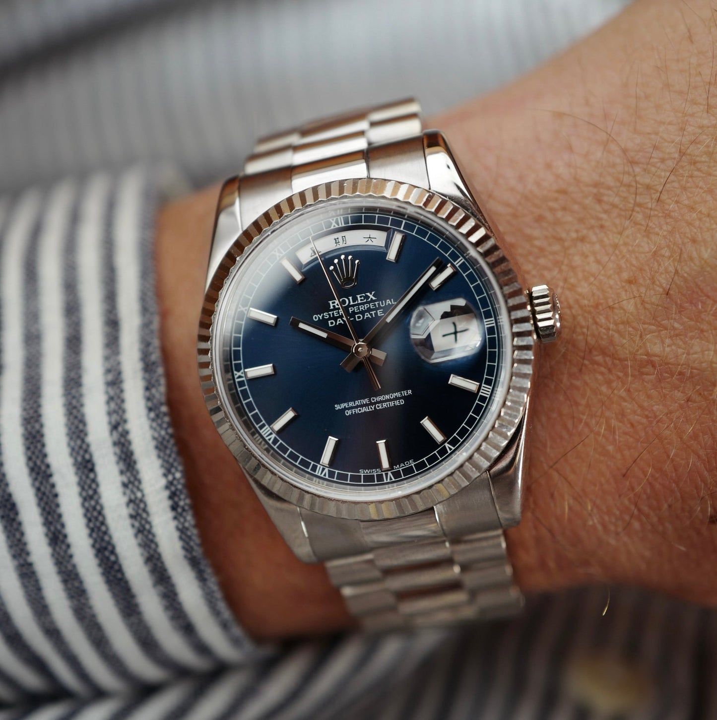 Rolex White Gold Day Date Ref. 118239 with Blue Dial and Chinese Date