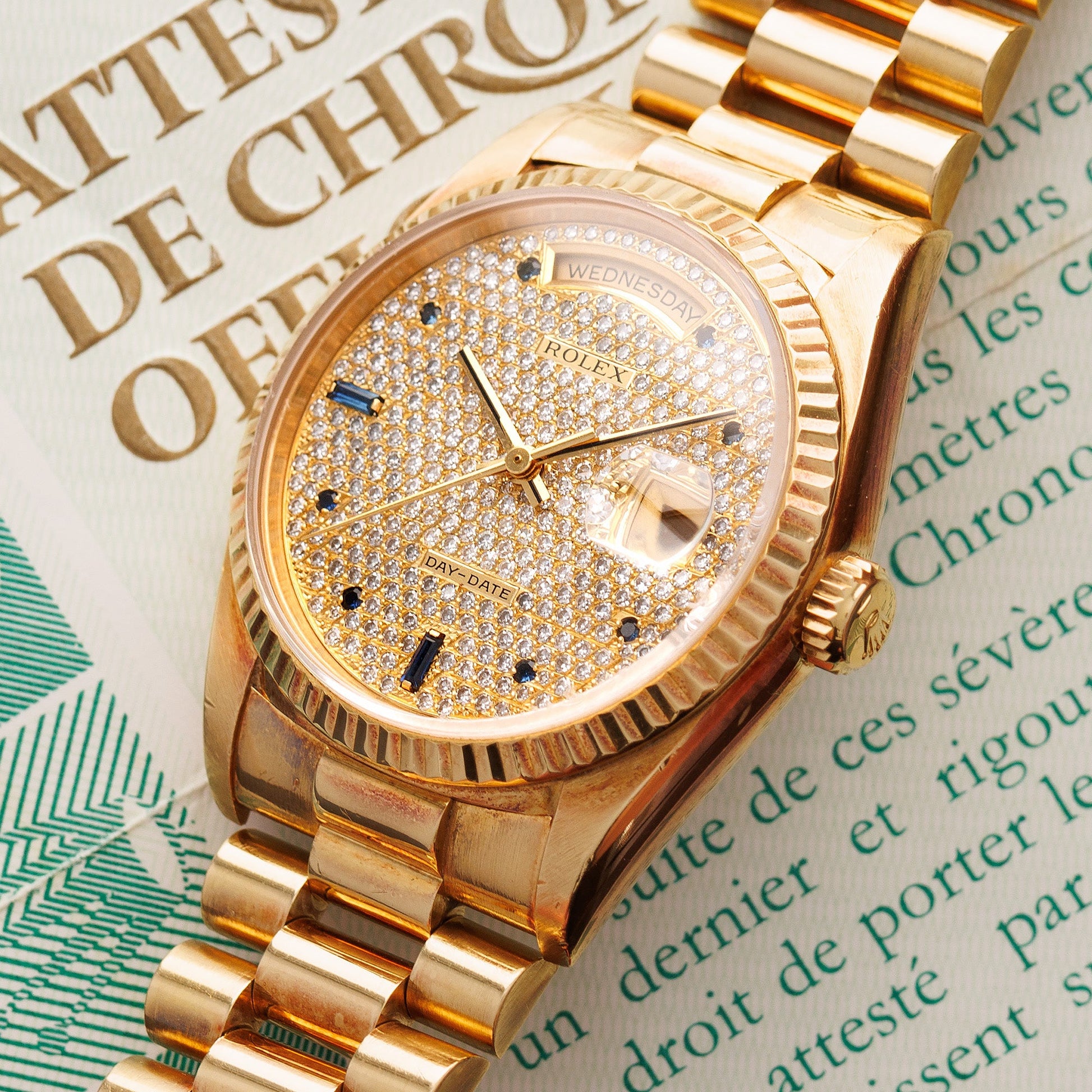 Rolex Yellow Gold Day-Date Ref. 18238 with Pave Diamonds and Sapphire Markers