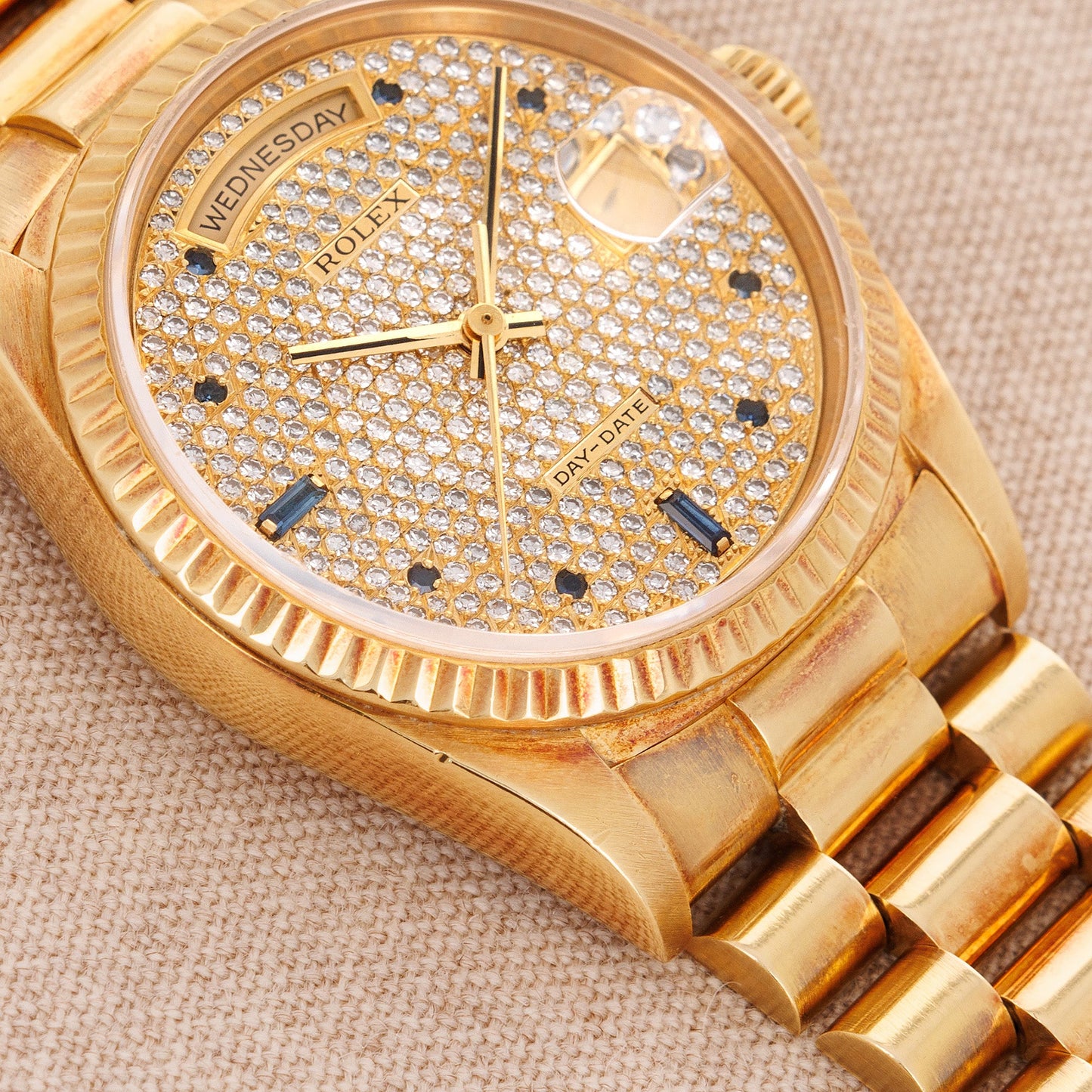 Rolex Yellow Gold Day-Date Ref. 18238 with Pave Diamonds and Sapphire Markers