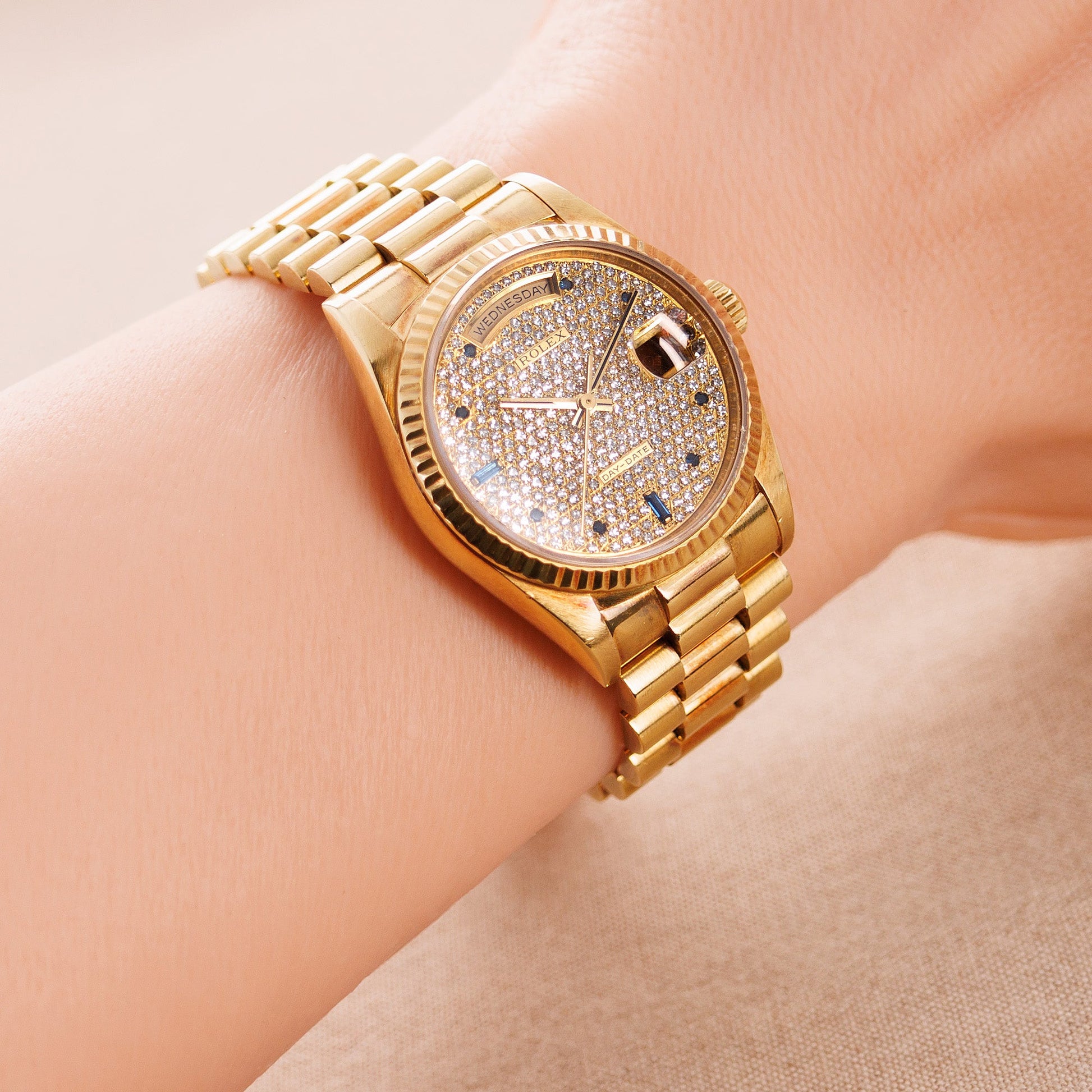 Rolex Yellow Gold Day-Date Ref. 18238 with Pave Diamonds and Sapphire Markers