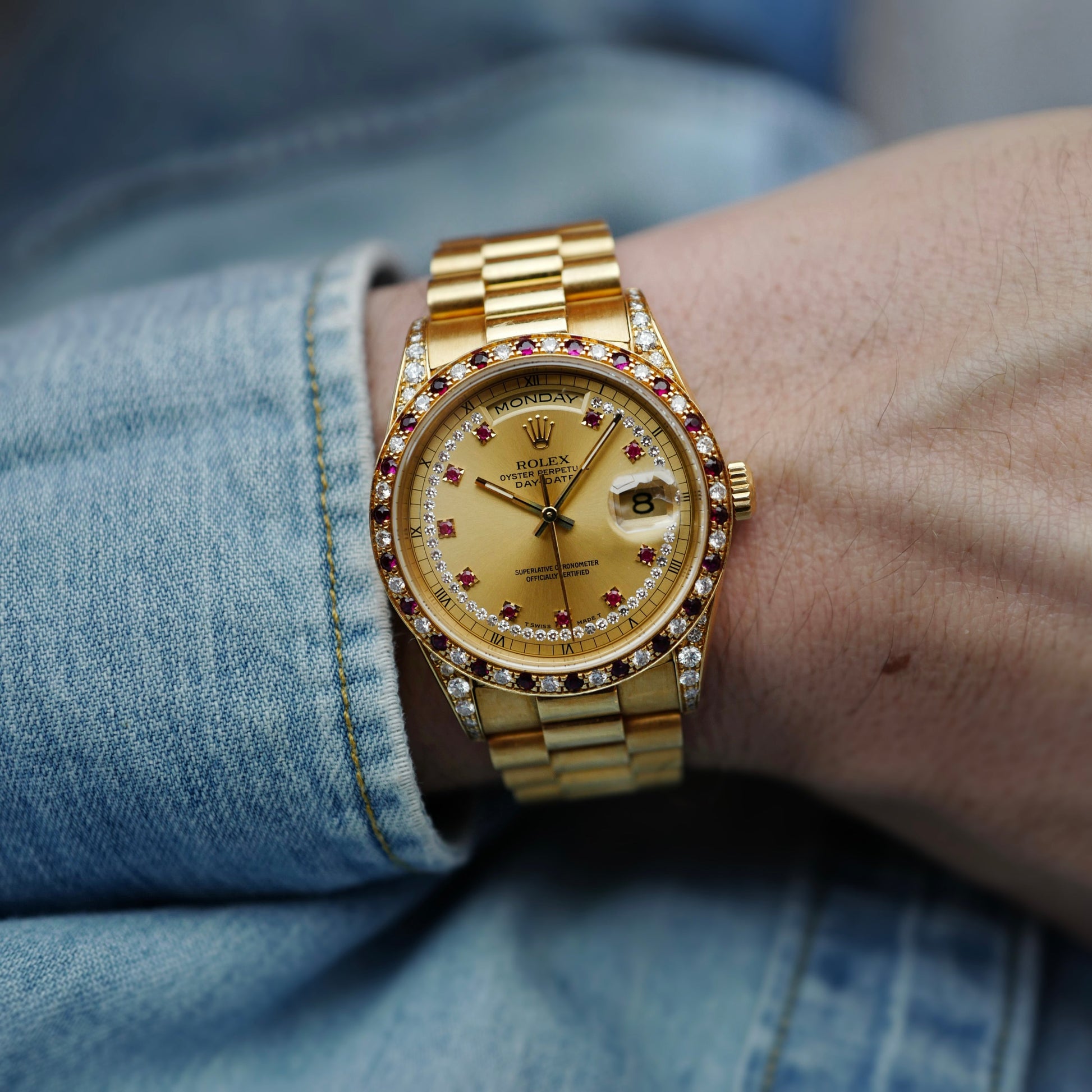 Rolex Yellow Gold Day-Date Ref. 18388 with Ruby & Diamond Bezel (NEW ARRIVAL)