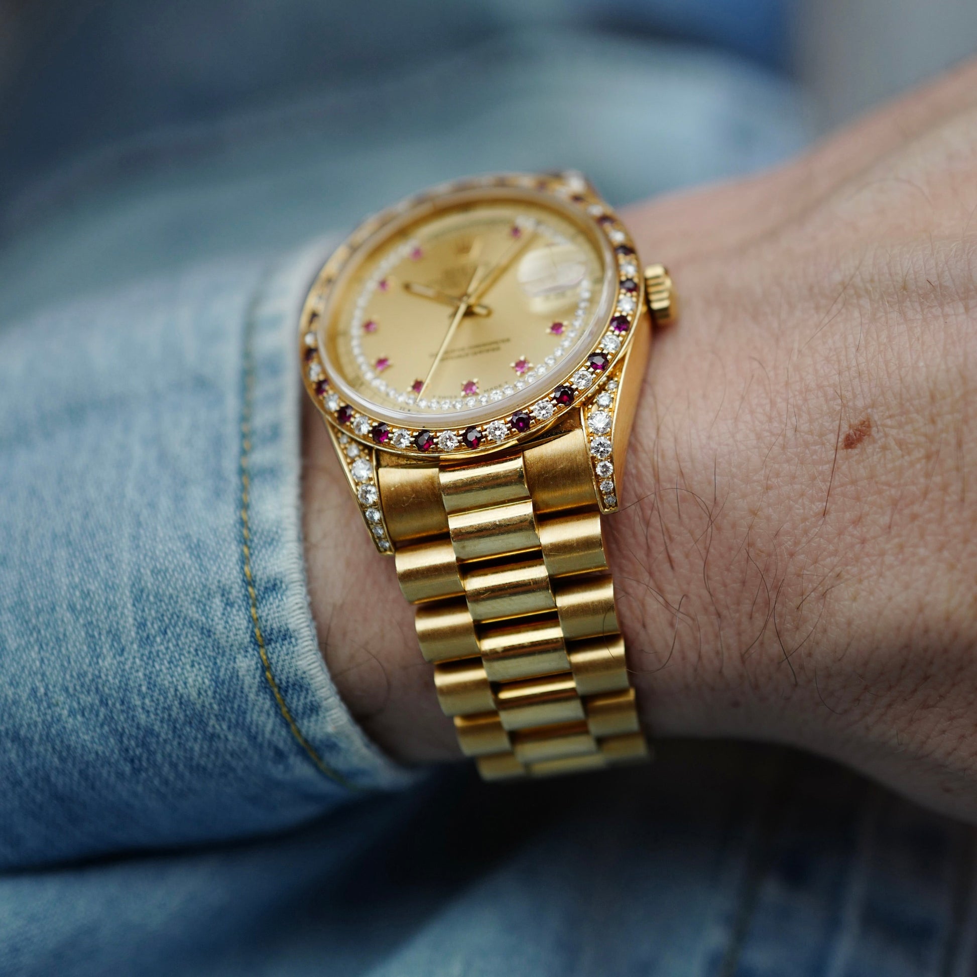 Rolex Yellow Gold Day-Date Ref. 18388 with Ruby & Diamond Bezel (NEW ARRIVAL)