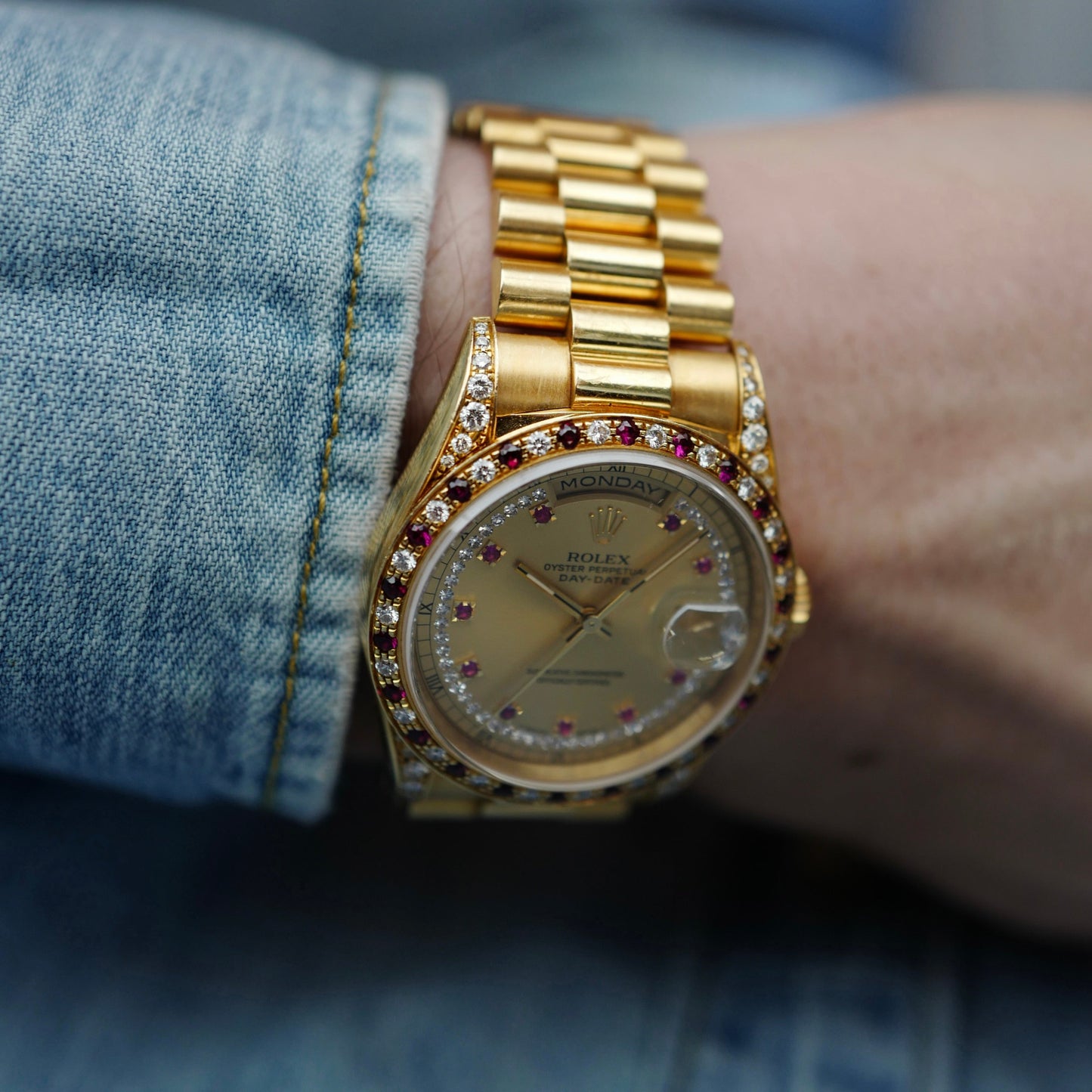 Rolex Yellow Gold Day-Date Ref. 18388 with Ruby & Diamond Bezel (NEW ARRIVAL)