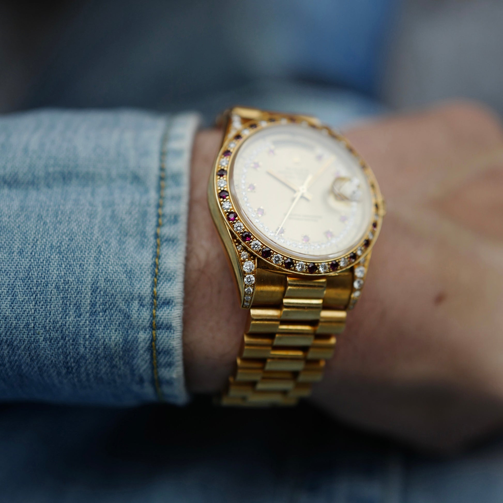 Rolex Yellow Gold Day-Date Ref. 18388 with Ruby & Diamond Bezel (NEW ARRIVAL)