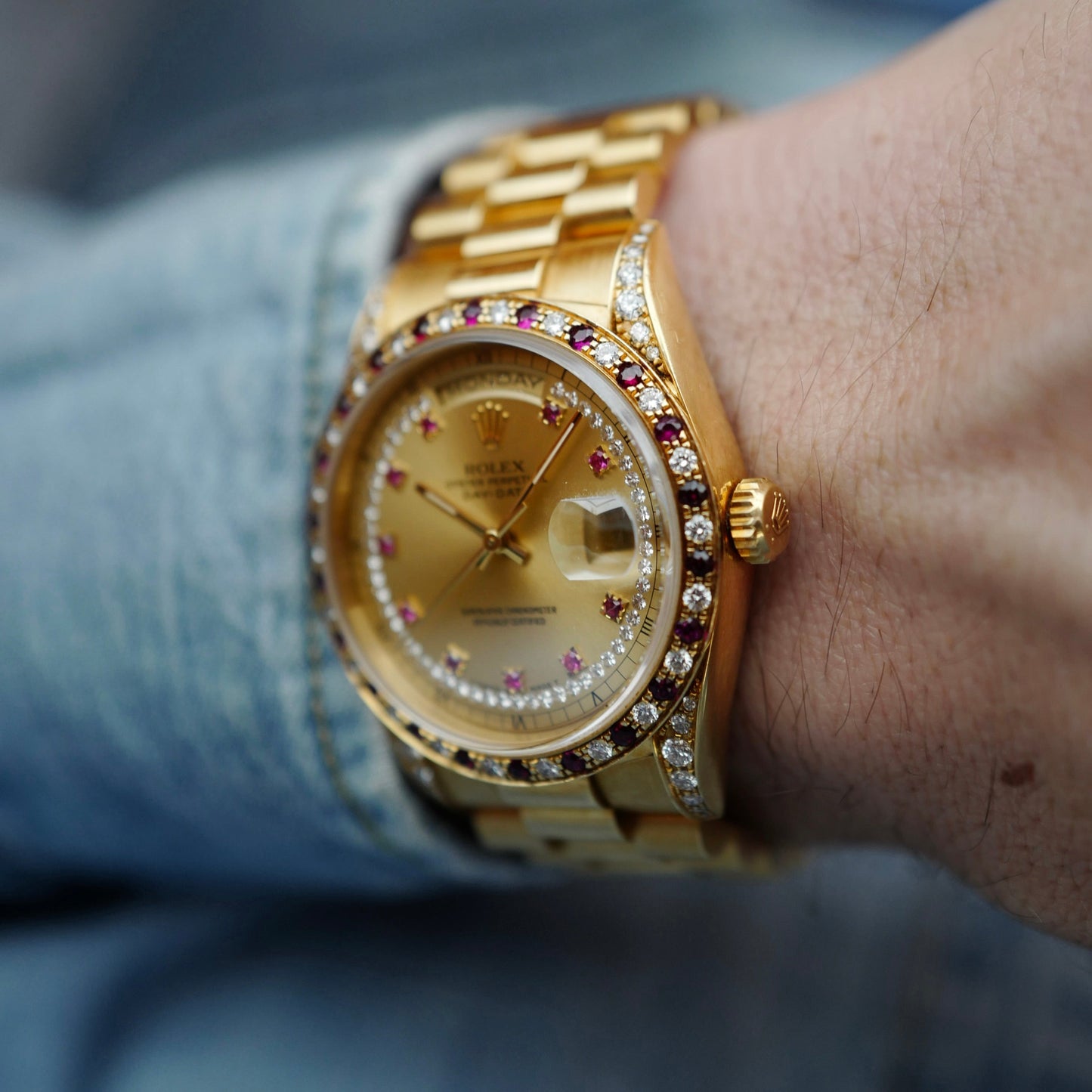 Rolex Yellow Gold Day-Date Ref. 18388 with Ruby & Diamond Bezel (NEW ARRIVAL)