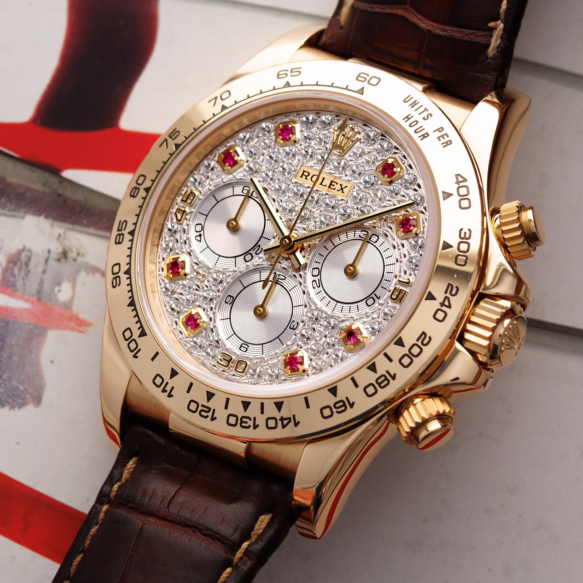 Rolex Yellow Gold Zenith Daytona with Pave and Ruby Dial Ref. 16518