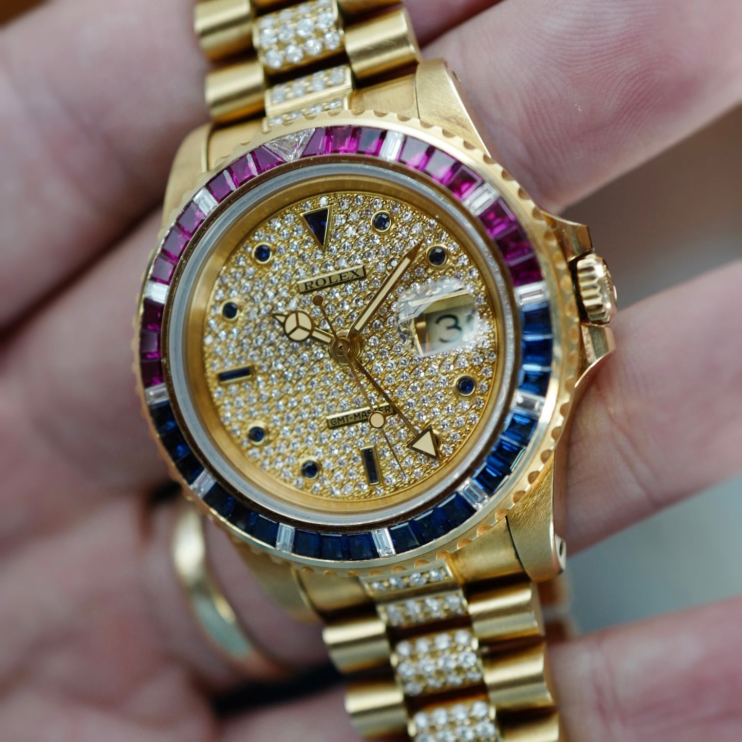 Rolex Yellow Gold GMT-Master Diamond Ruby Sapphire Watch Ref. 16758 (Private Sale)