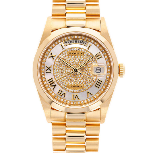 Rolex Yellow Gold Day-Date Watch Ref. 18208 with Mother of Pearl and Diamond Dial