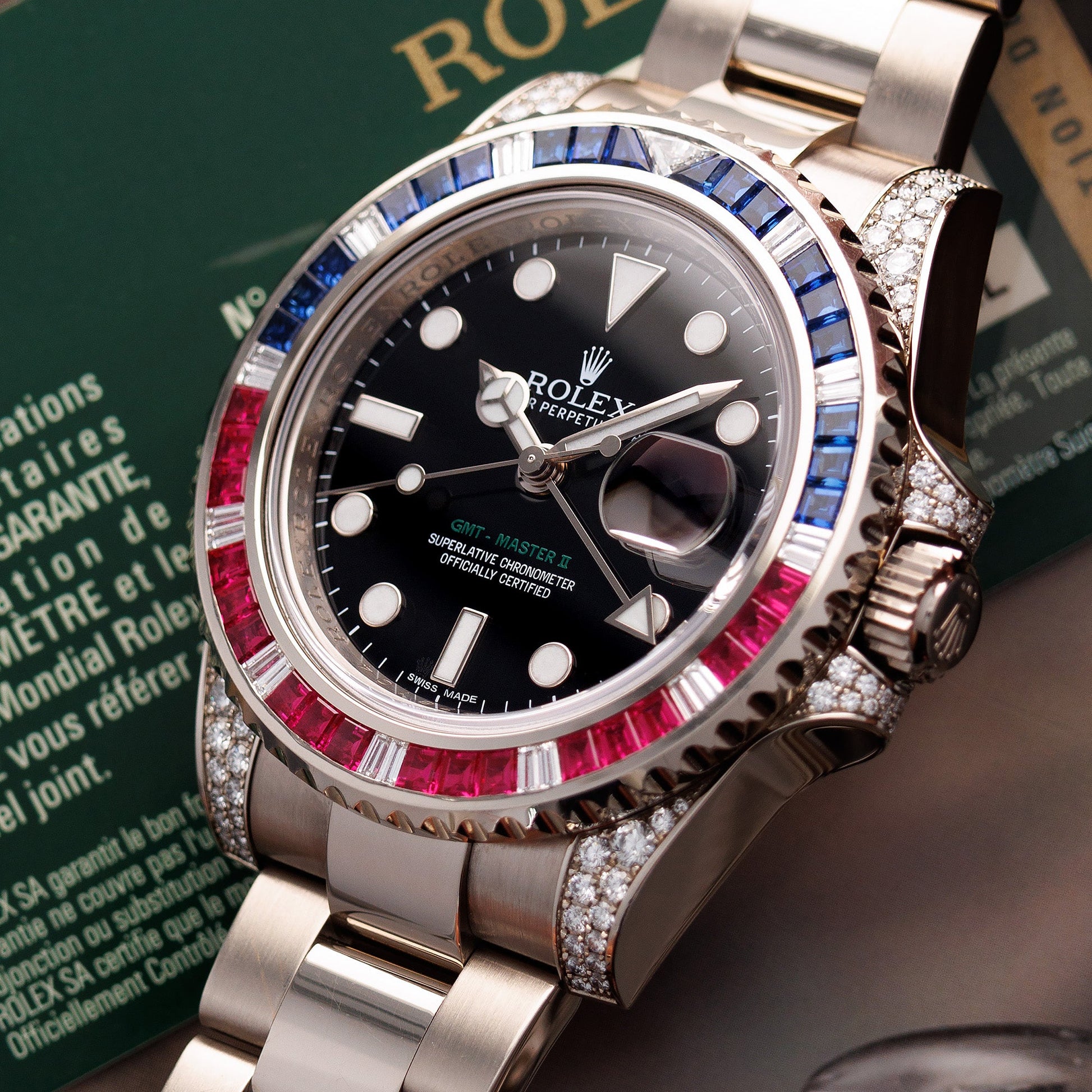 Rolex White Gold SARU GMT-Master Diamond Sapphire Ruby Watch Ref. 116759SARU