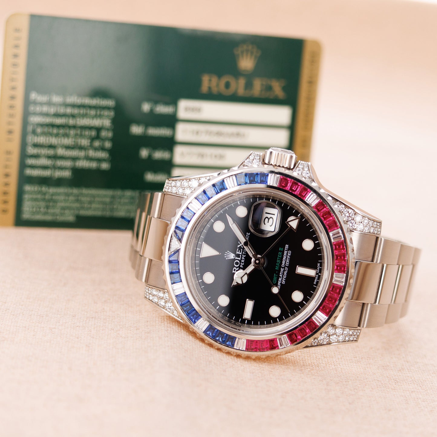 Rolex White Gold SARU GMT-Master Diamond Sapphire Ruby Watch Ref. 116759SARU