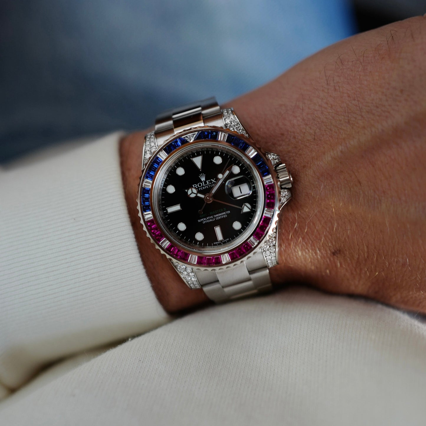 Rolex White Gold SARU GMT-Master Diamond Sapphire Ruby Watch Ref. 116759SARU