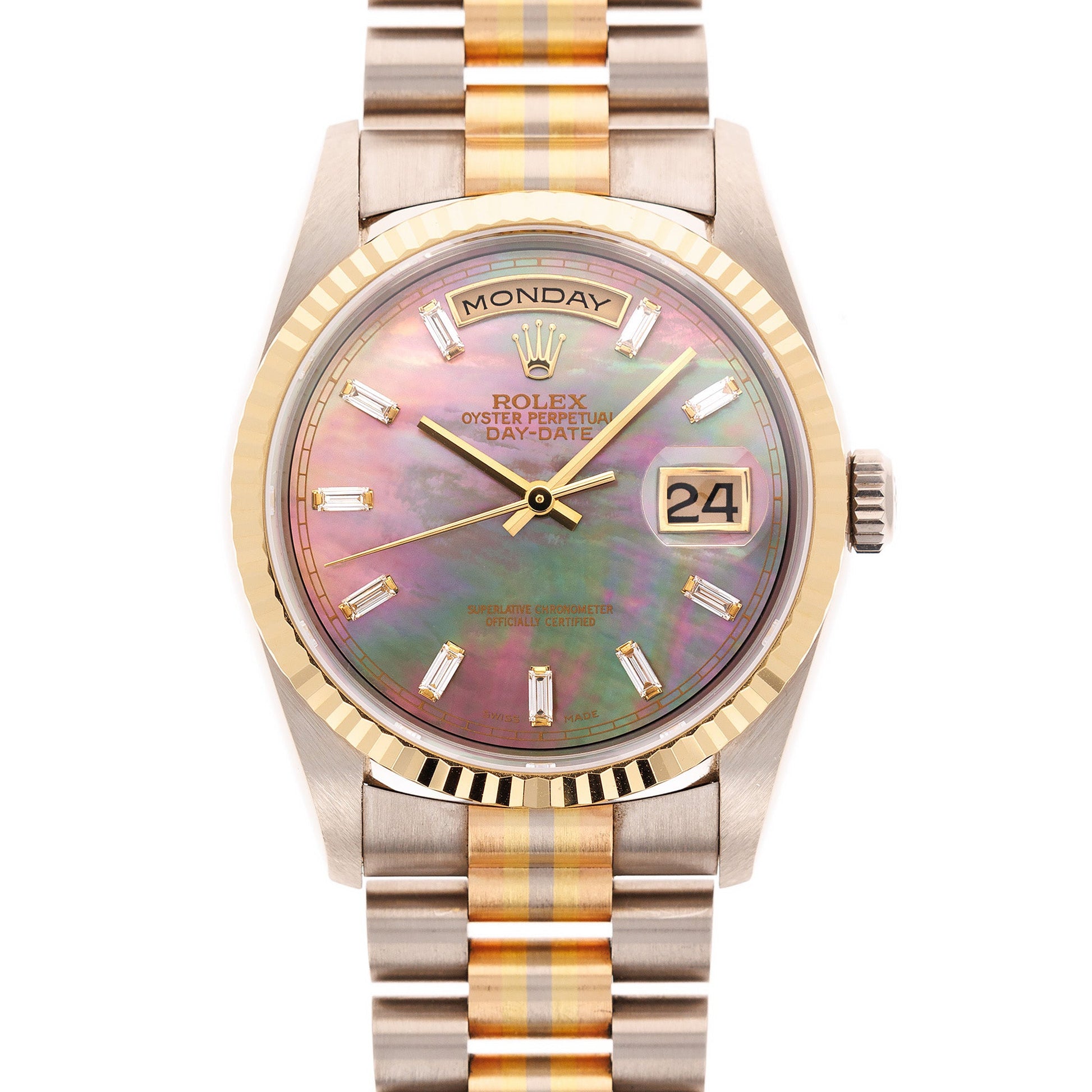 Rolex Tridor Day-Date Ref. 18239 with Mother of Pearl and Baguette Diamond Dial