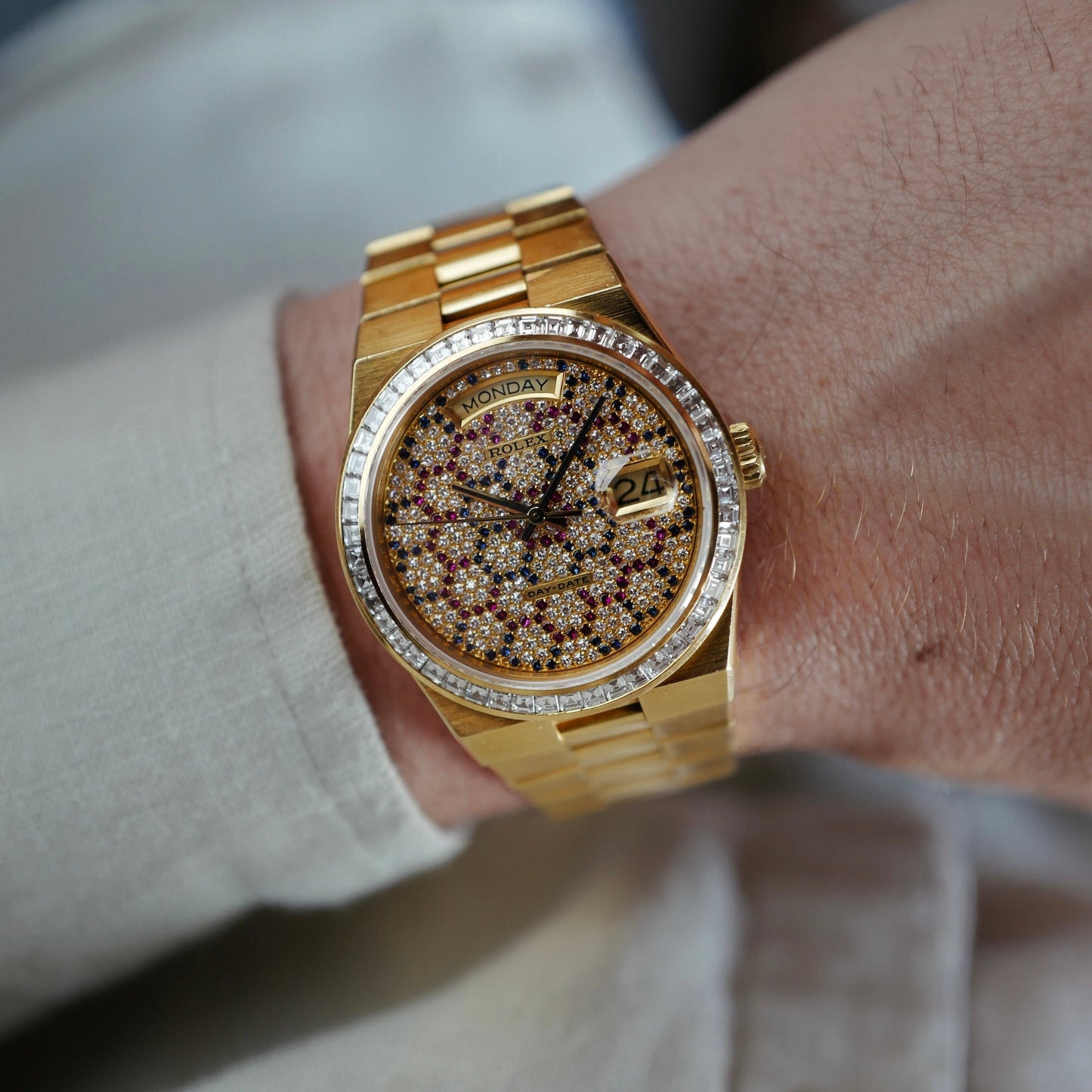 Rolex Yellow Gold Day-Date Oysterquartz 19058 with Honeycomb Pave Diamond Dial (Private Sale)