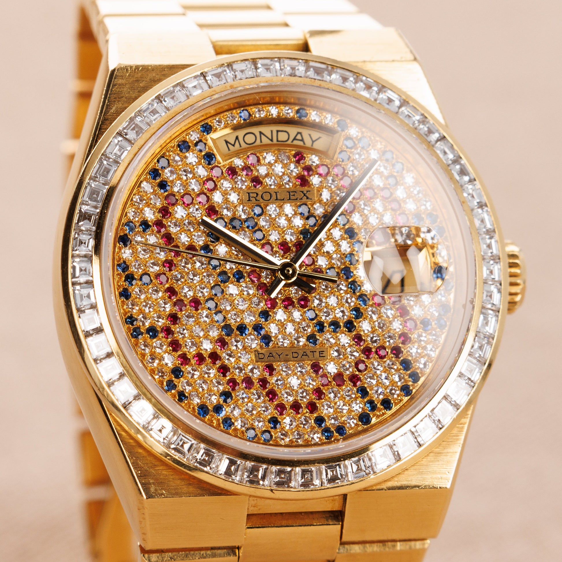 Rolex Yellow Gold Day-Date Oysterquartz 19058 with Honeycomb Pave Diamond Dial (Private Sale)