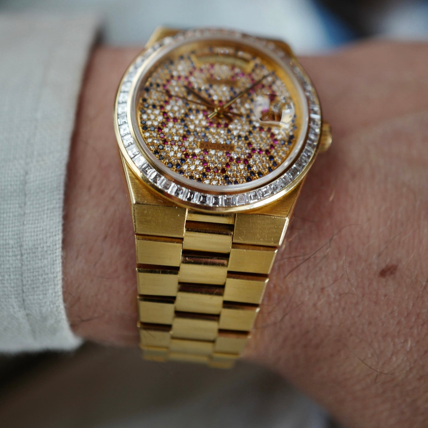 Rolex Yellow Gold Day-Date Oysterquartz 19058 with Honeycomb Pave Diamond Dial (Private Sale)