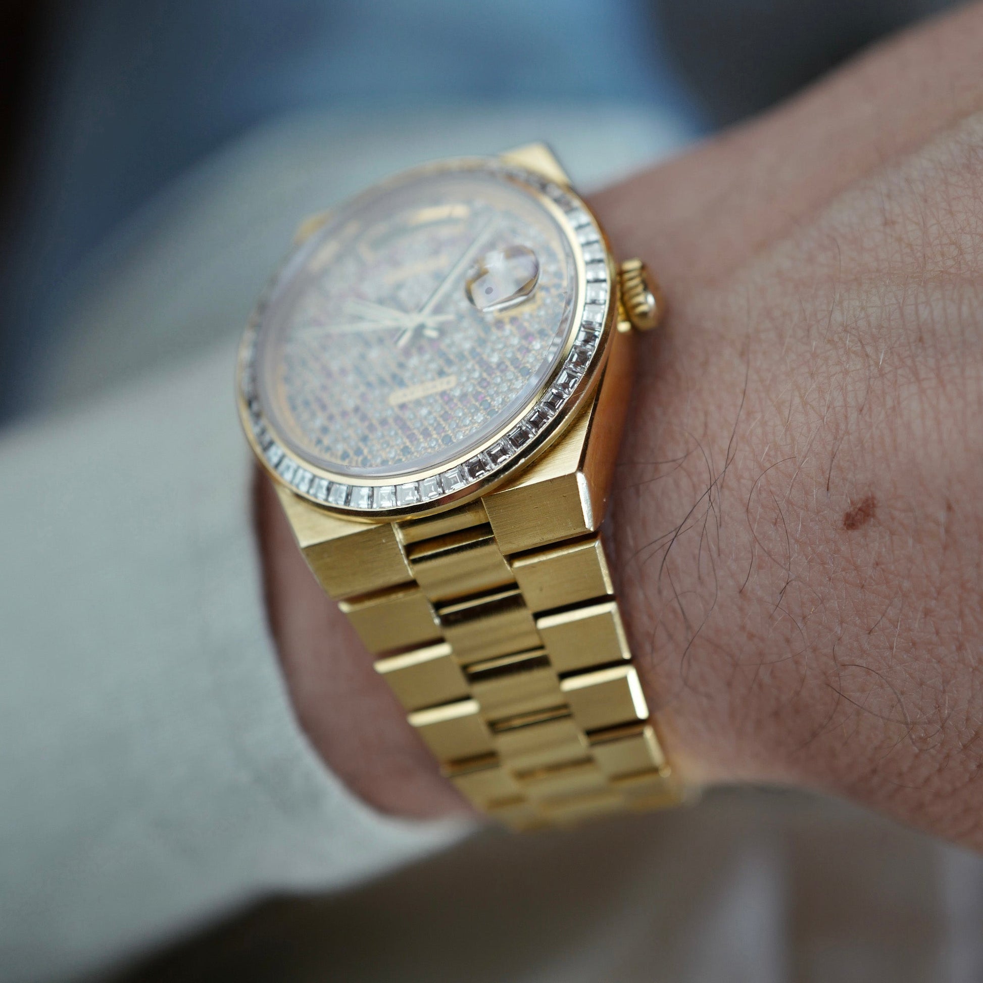 Rolex Yellow Gold Day-Date Oysterquartz 19058 with Honeycomb Pave Diamond Dial (Private Sale)