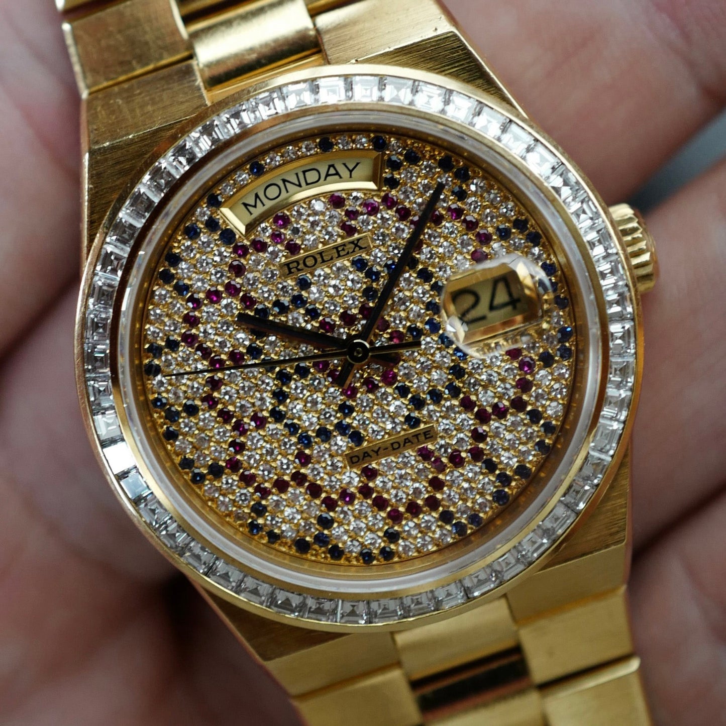 Rolex Yellow Gold Day-Date Oysterquartz 19058 with Honeycomb Pave Diamond Dial (Private Sale)