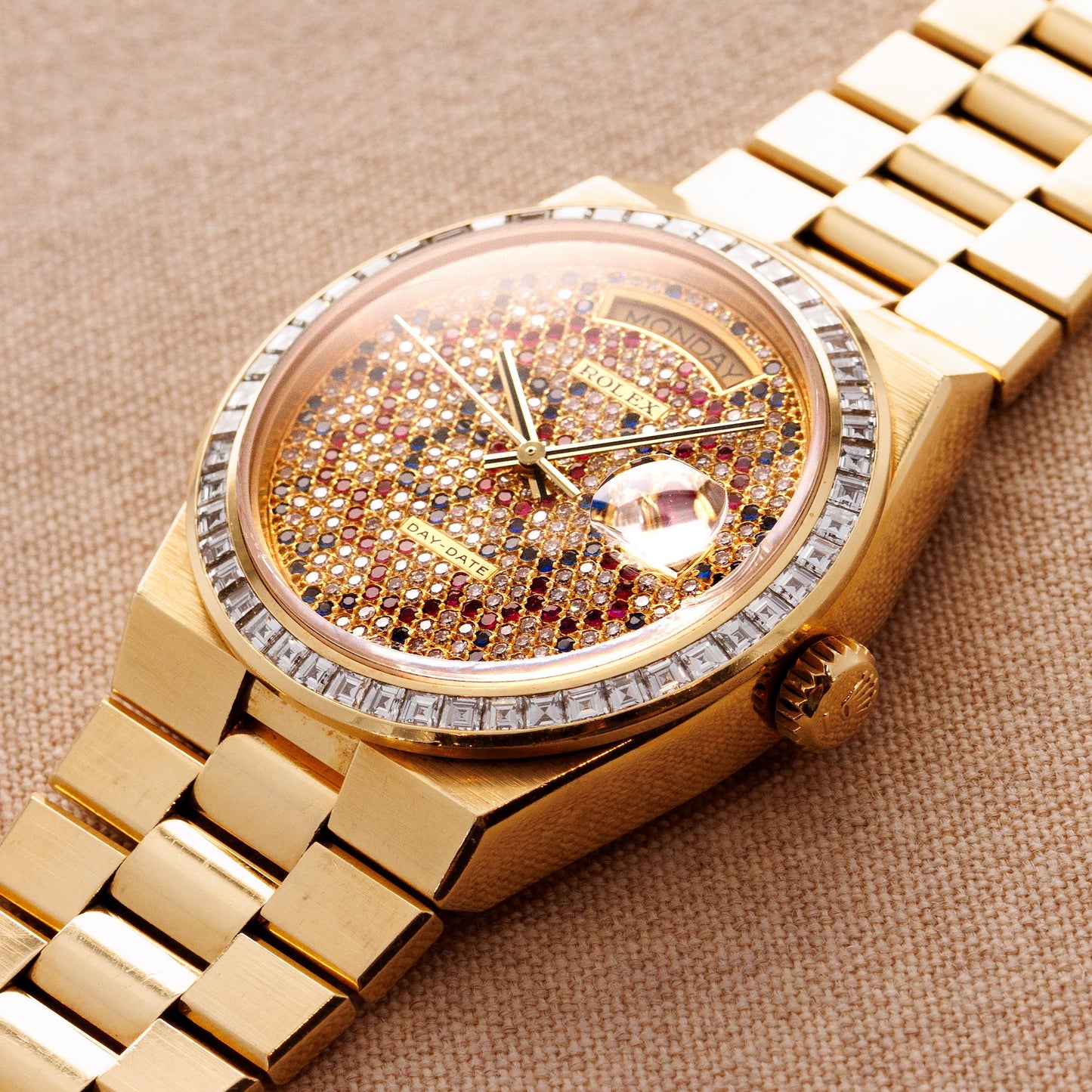 Rolex Yellow Gold Day-Date Oysterquartz 19058 with Honeycomb Pave Diamond Dial (Private Sale)