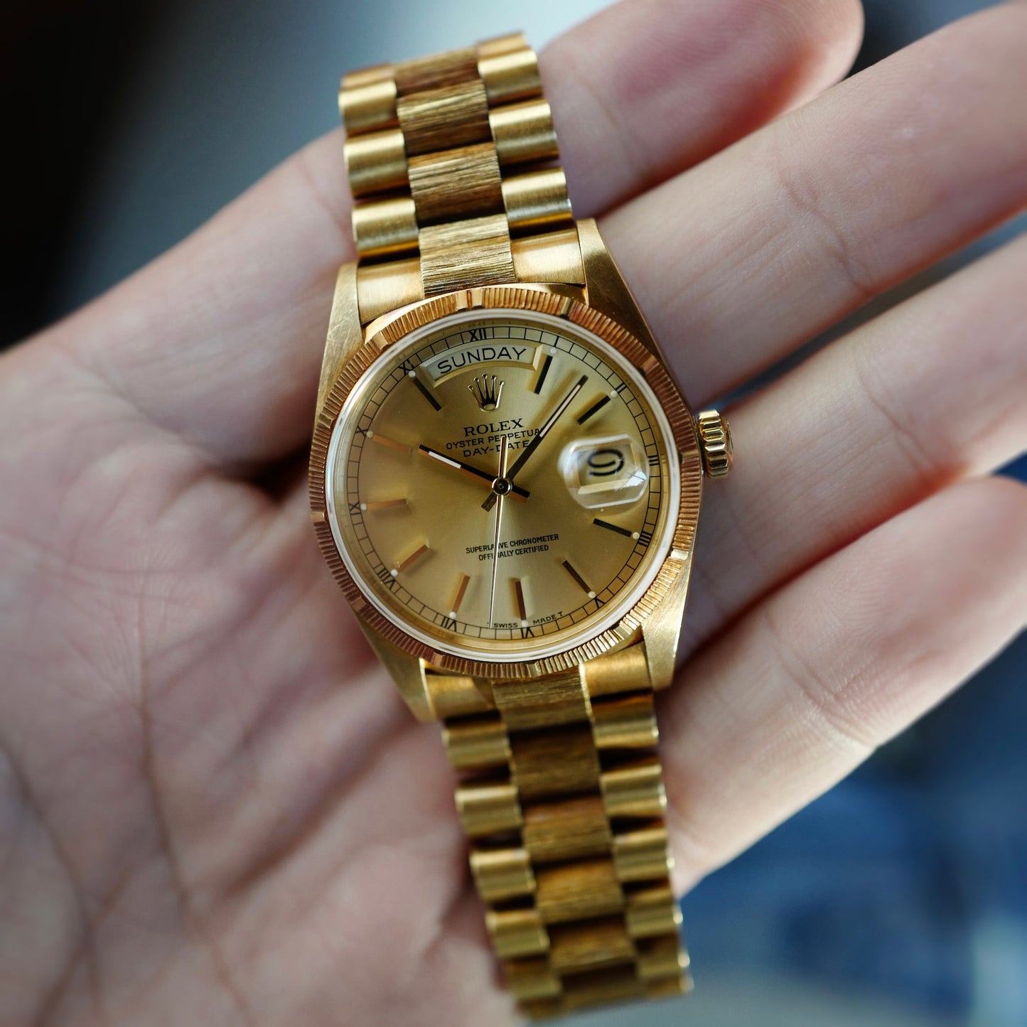 Rolex Yellow Gold Day-Date Ref. 18078 with Bark Finish and Outstanding Condition