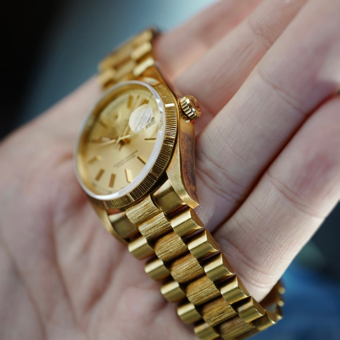 Rolex Yellow Gold Day-Date Ref. 18078 with Bark Finish and Outstanding Condition