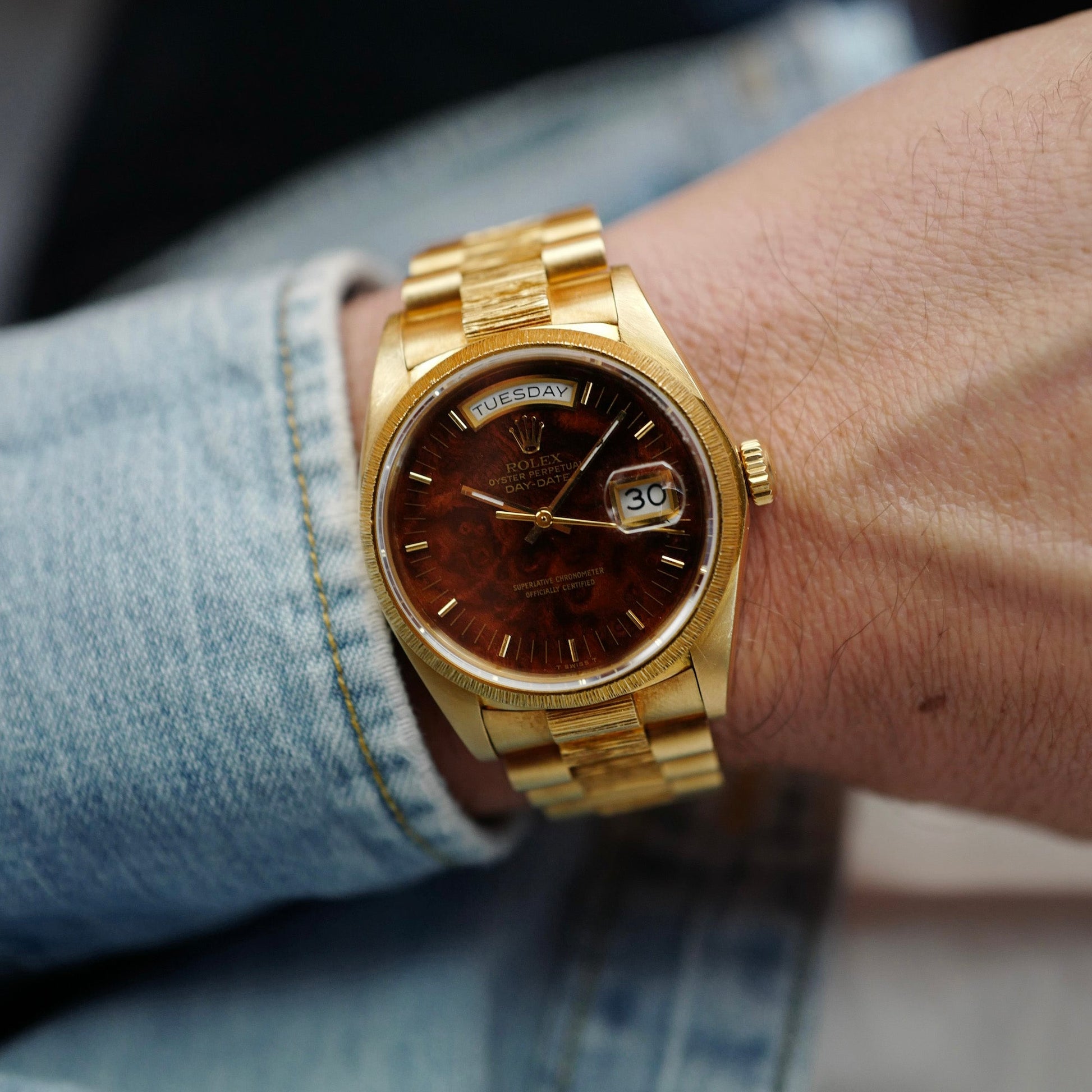 Rolex Yellow Gold Day Ref. 18078 with Burlwood Dial