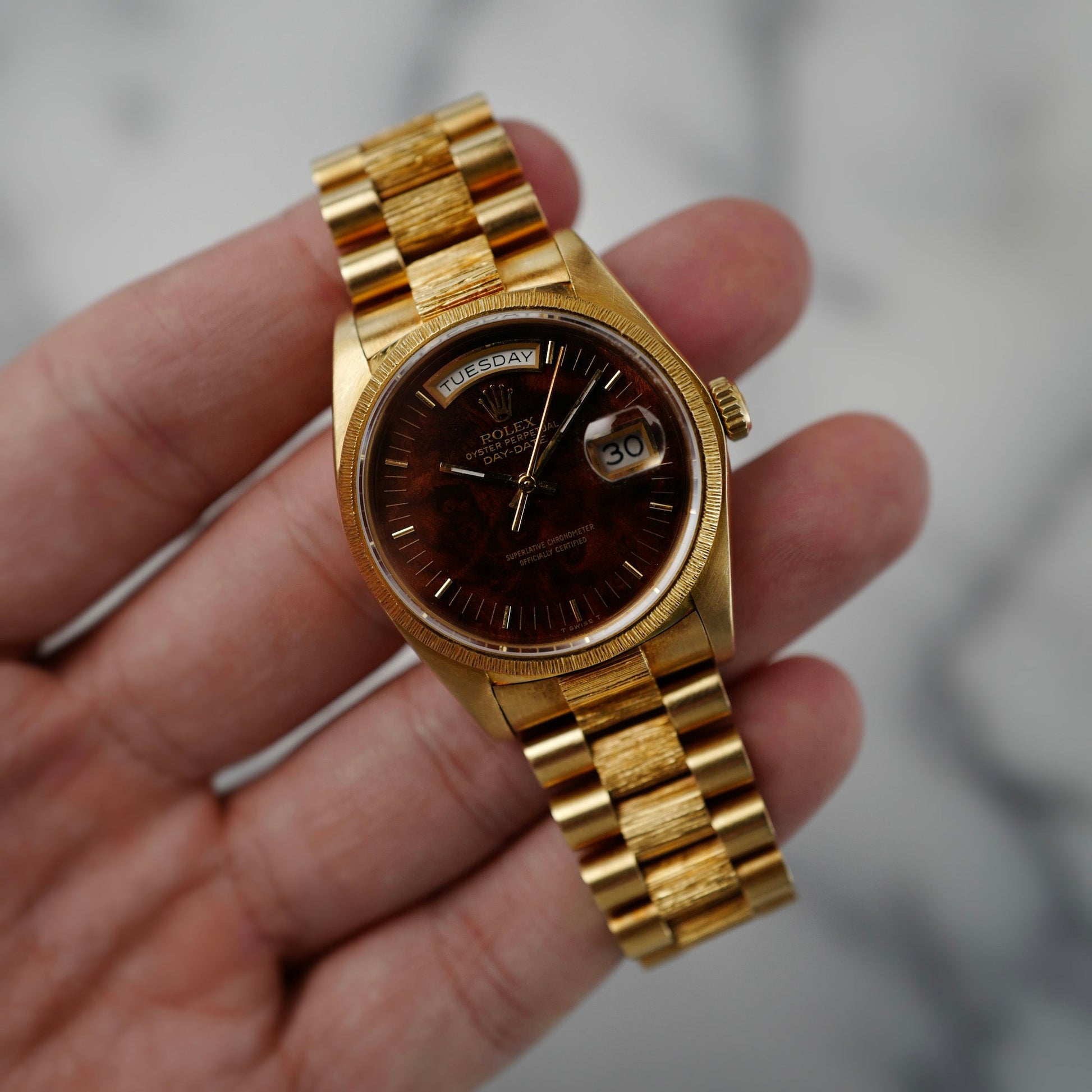 Rolex Yellow Gold Day Ref. 18078 with Burlwood Dial