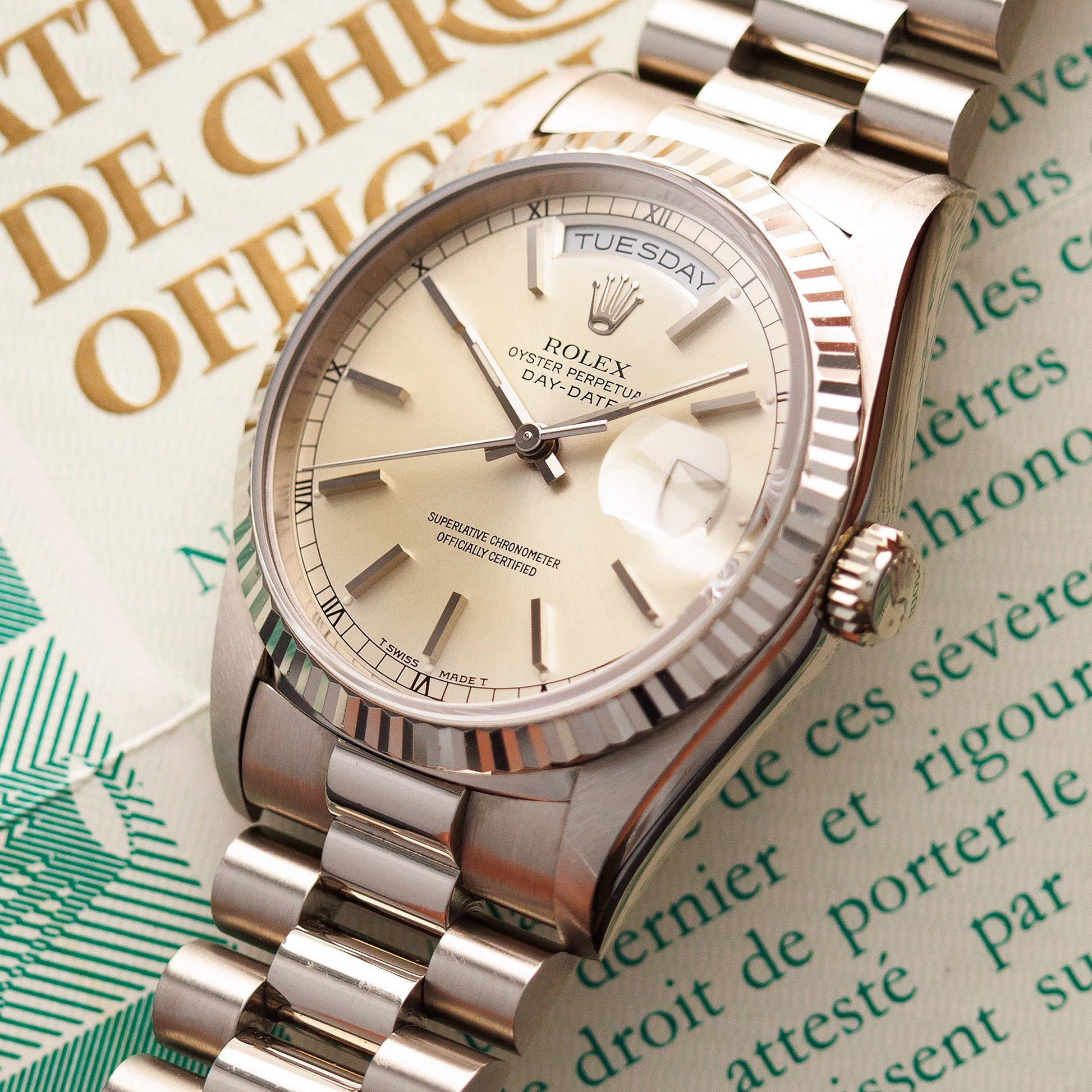 Rolex White Gold Day Date 18239 Lemon Dial with Original Paper