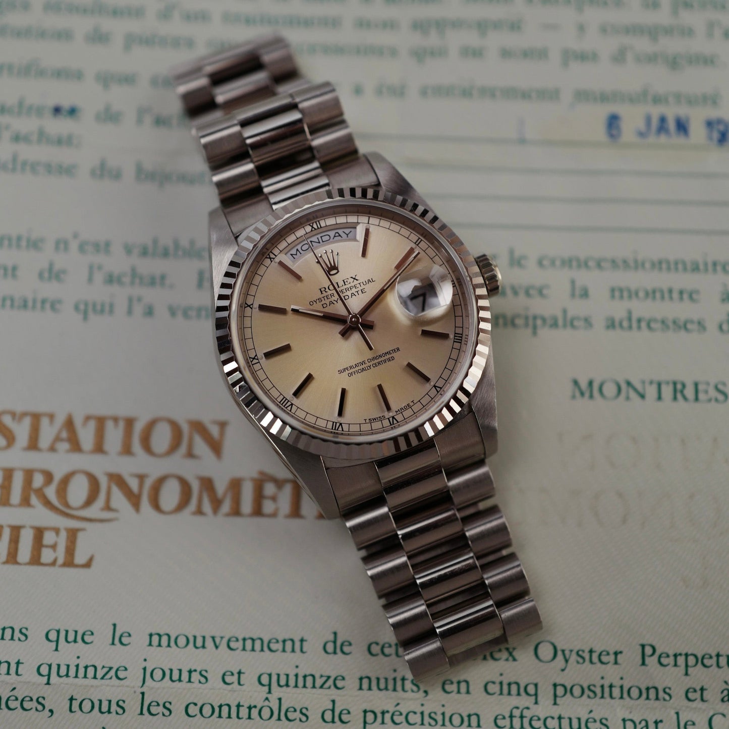 Rolex White Gold Day Date 18239 Lemon Dial with Original Paper