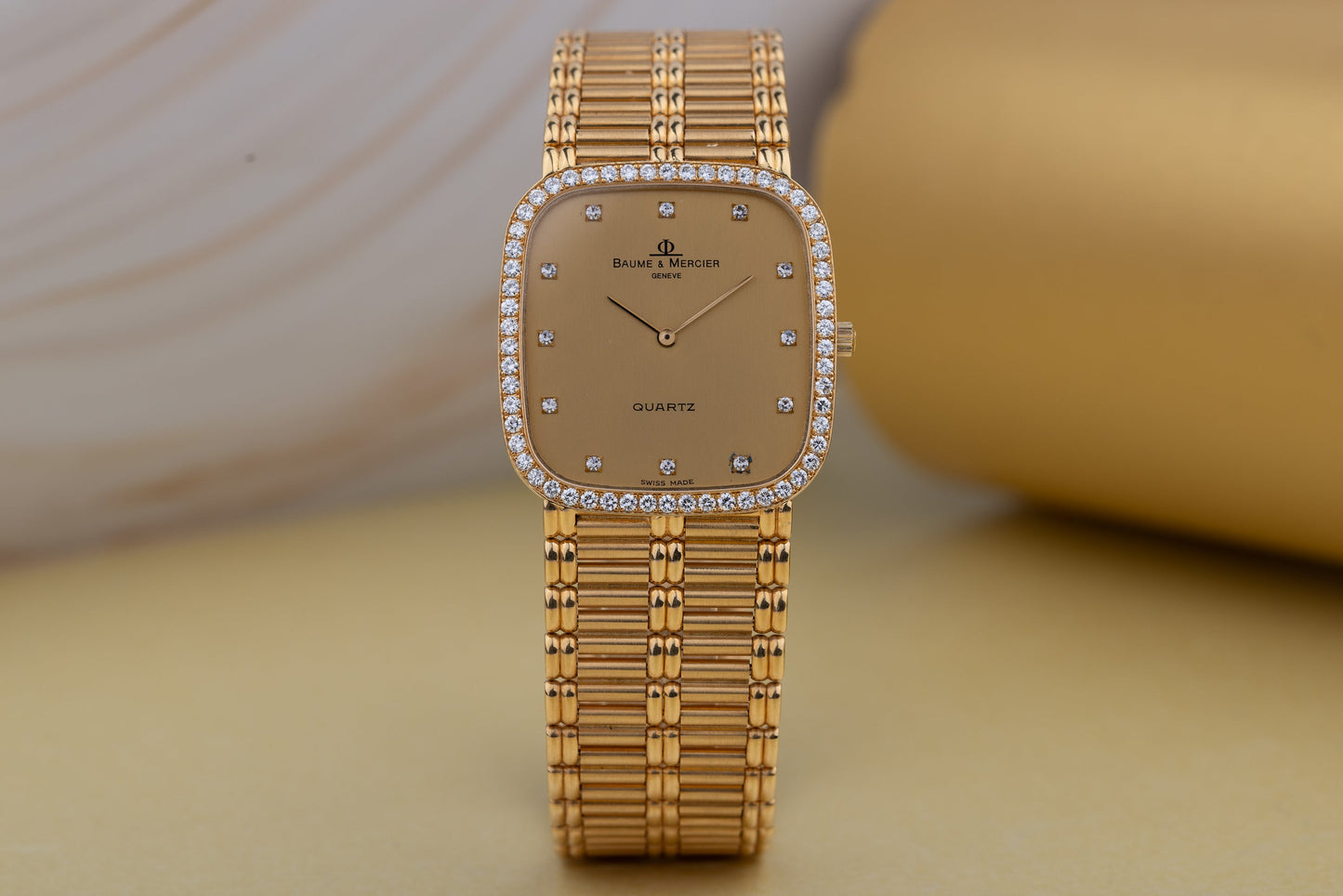 Unworn Baume & Mercier | Gold Dial | Diamond Hours & Bezel | 18k Yellow Gold | 1980s | Quartz | 29mm