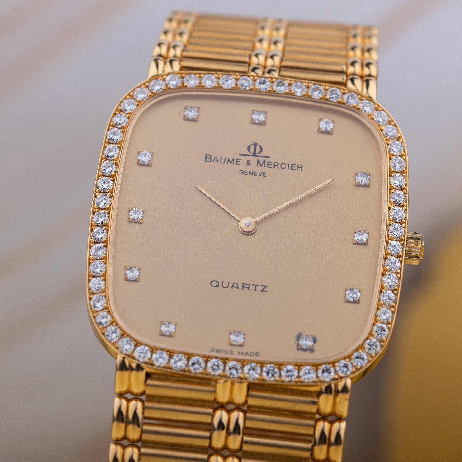 Unworn Baume & Mercier | Gold Dial | Diamond Hours & Bezel | 18k Yellow Gold | 1980s | Quartz | 29mm