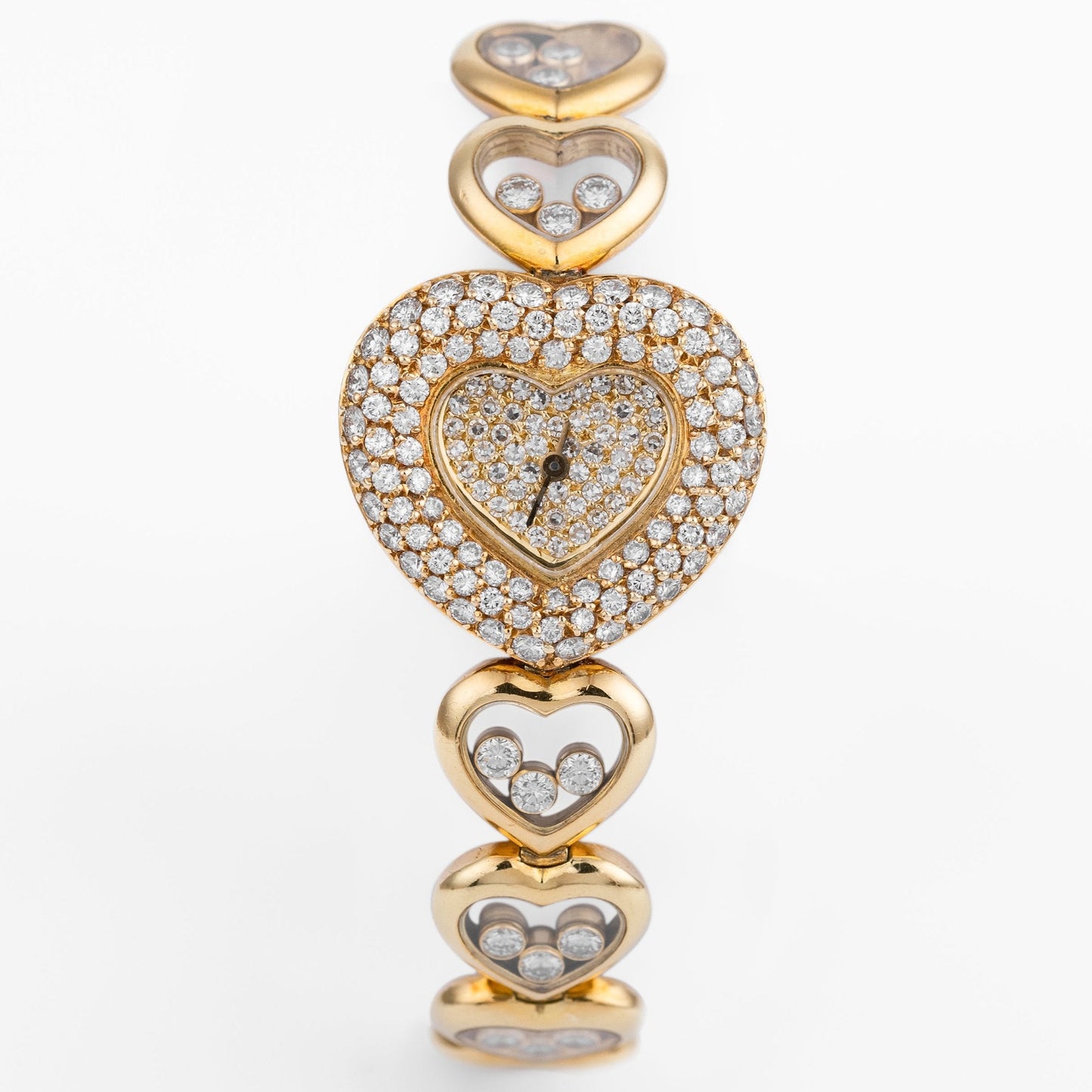 Unworn Rare Chopard Happy Diamonds | REF. 535 1 | Unique Heart Shaped Bracelet with Floating Diamonds, Pave Diamond Dial & Bezel | 18k Yellow Gold