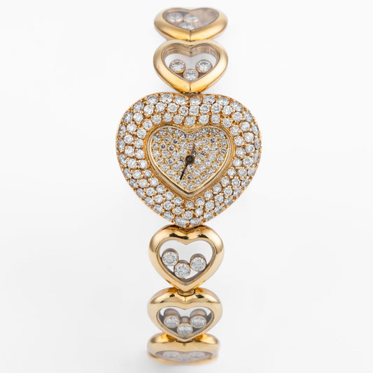 Unworn Rare Chopard Happy Diamonds | REF. 535 1 | Unique Heart Shaped Bracelet with Floating Diamonds, Pave Diamond Dial & Bezel | 18k Yellow Gold