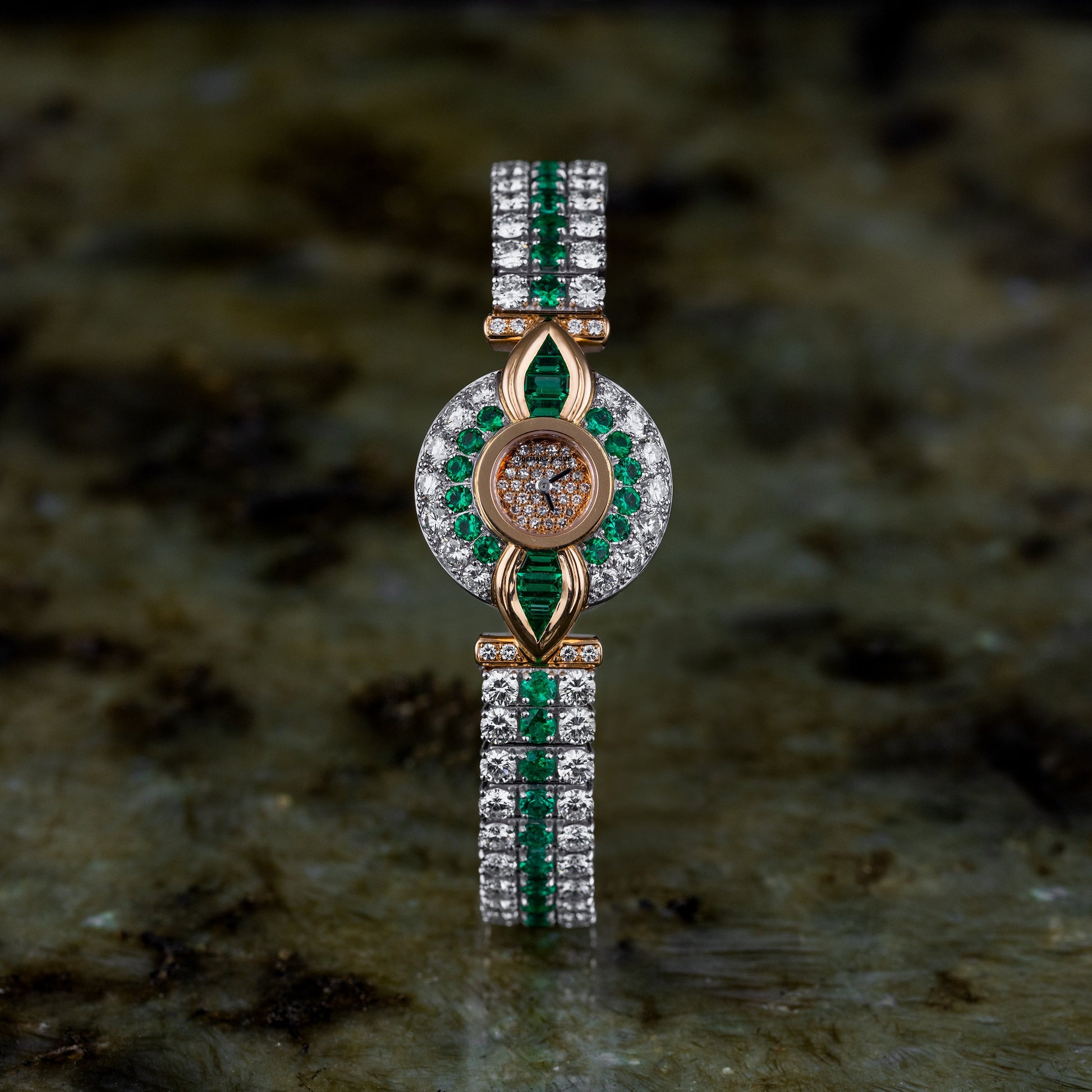 Unworn Extremely Rare Audemars Piguet Lady Wristwatch | Pave Diamonds & Emeralds | 18k Rose & White Gold