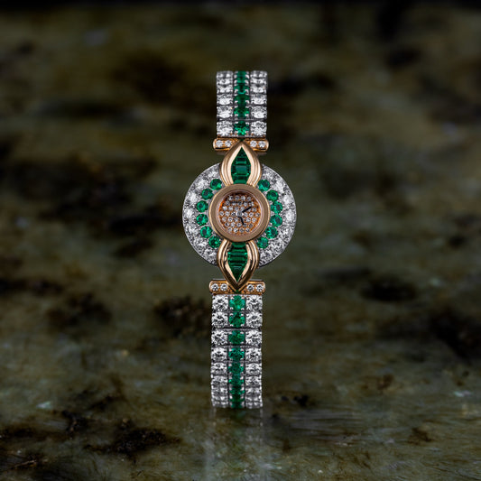 Unworn Extremely Rare Audemars Piguet Lady Wristwatch | Pave Diamonds & Emeralds | 18k Rose & White Gold