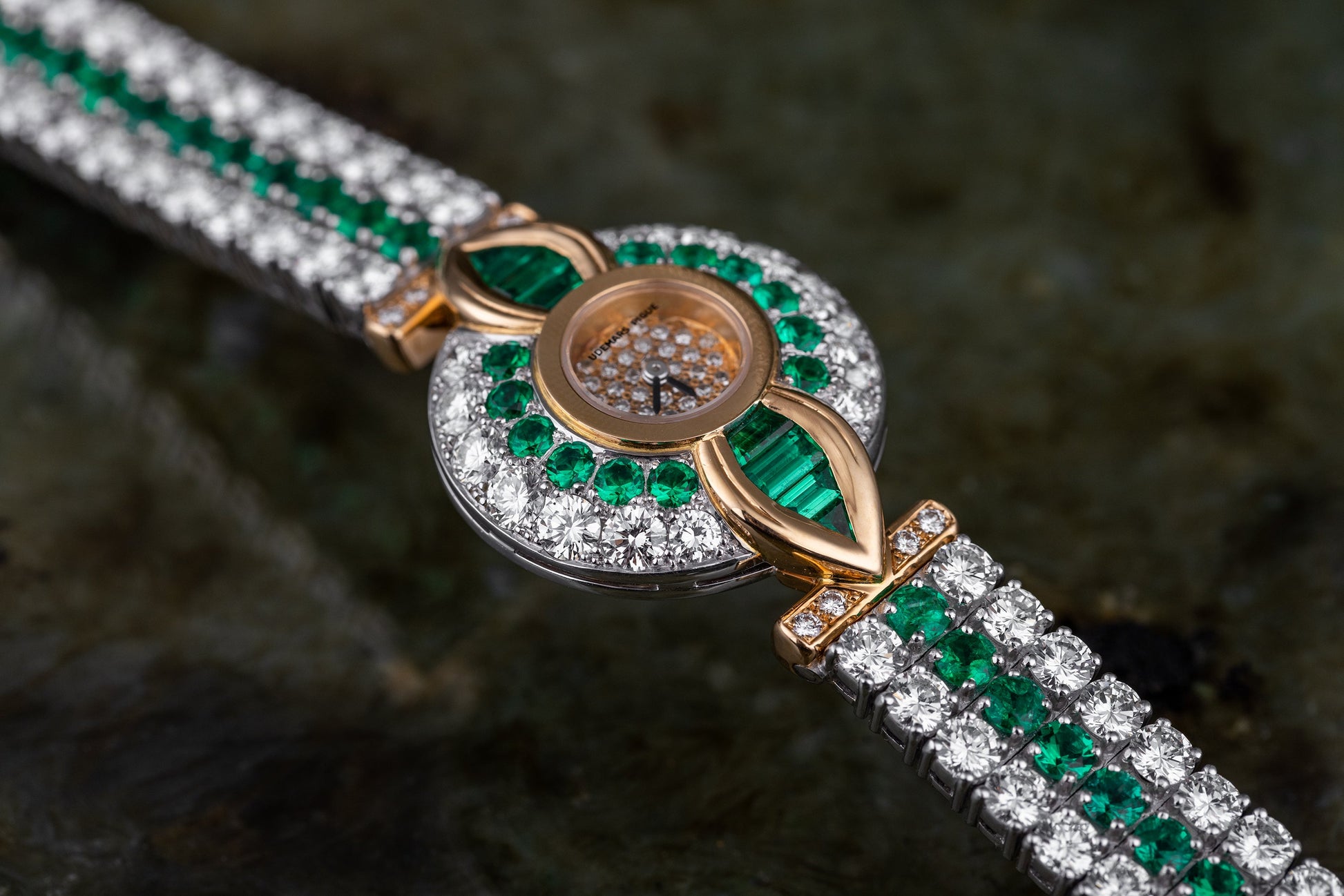 Unworn Extremely Rare Audemars Piguet Lady Wristwatch | Pave Diamonds & Emeralds | 18k Rose & White Gold