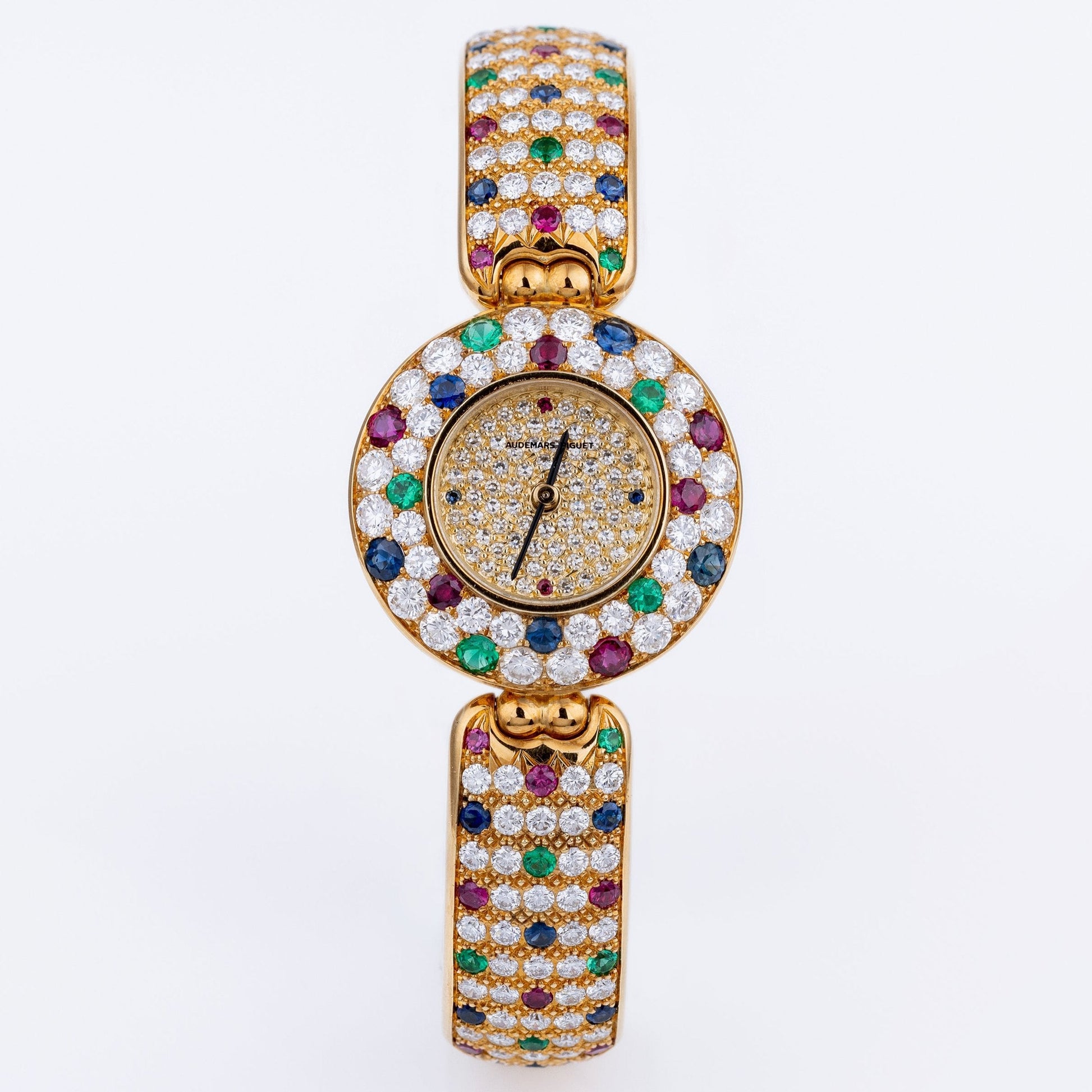 Unworn Extremely Rare Audemars Piguet Lady Wristwatch | Unique Pave Diamonds, Emeralds, Sapphires & Rubies | 18k Yellow Gold