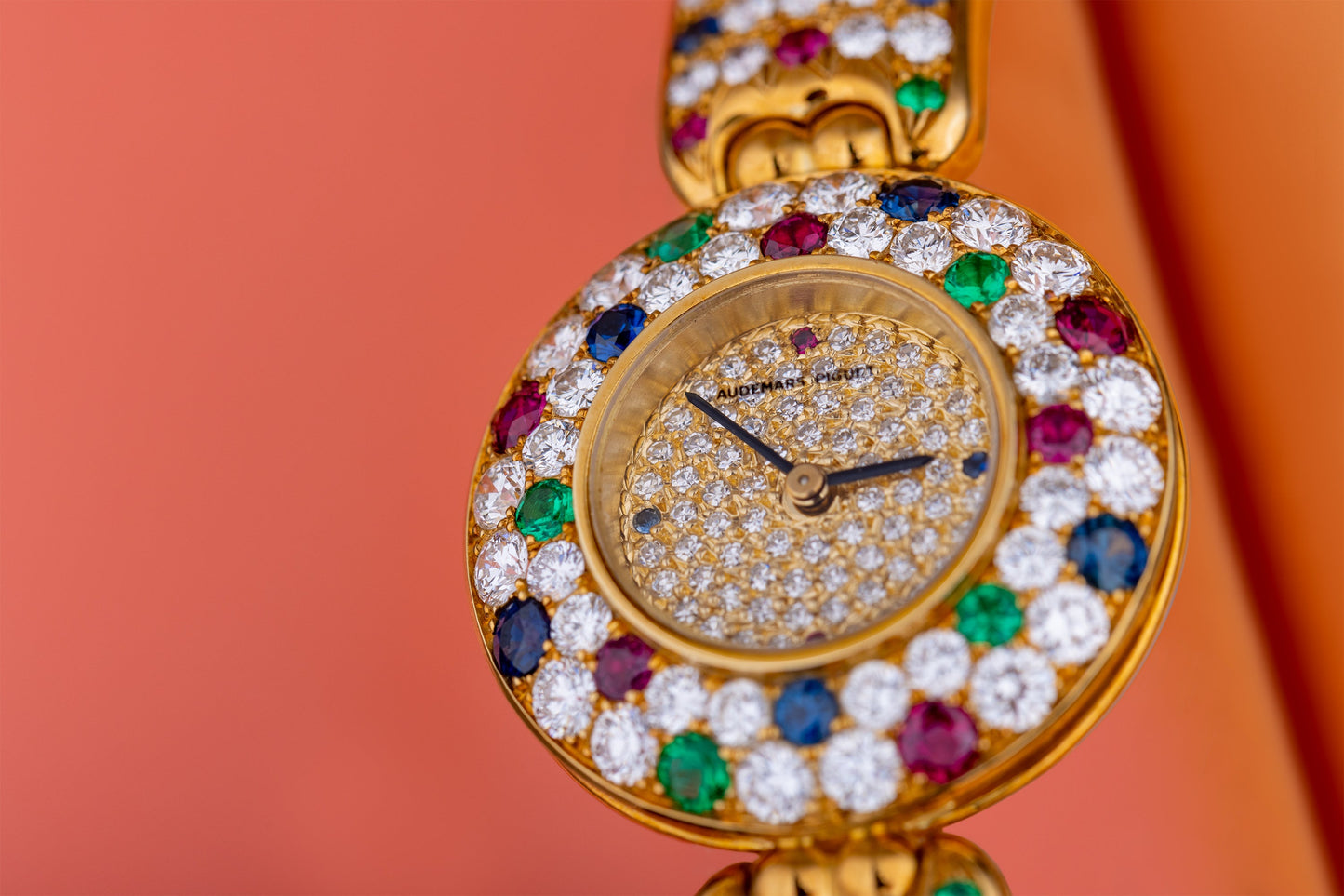 Unworn Extremely Rare Audemars Piguet Lady Wristwatch | Unique Pave Diamonds, Emeralds, Sapphires & Rubies | 18k Yellow Gold