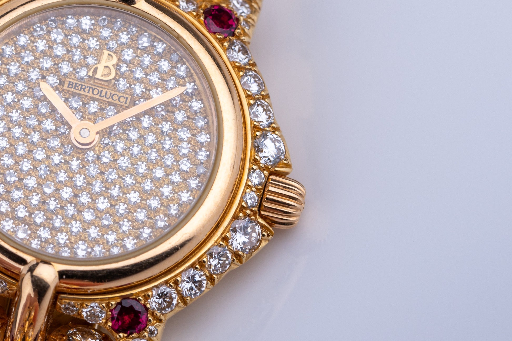 Unworn & Rare Bertolucci Pulchra Ladies Wristwatch | REF. 111.8055.68 | 18k Yellow Gold | Pave Diamond Dial, Ruby & Diamond Bracelet