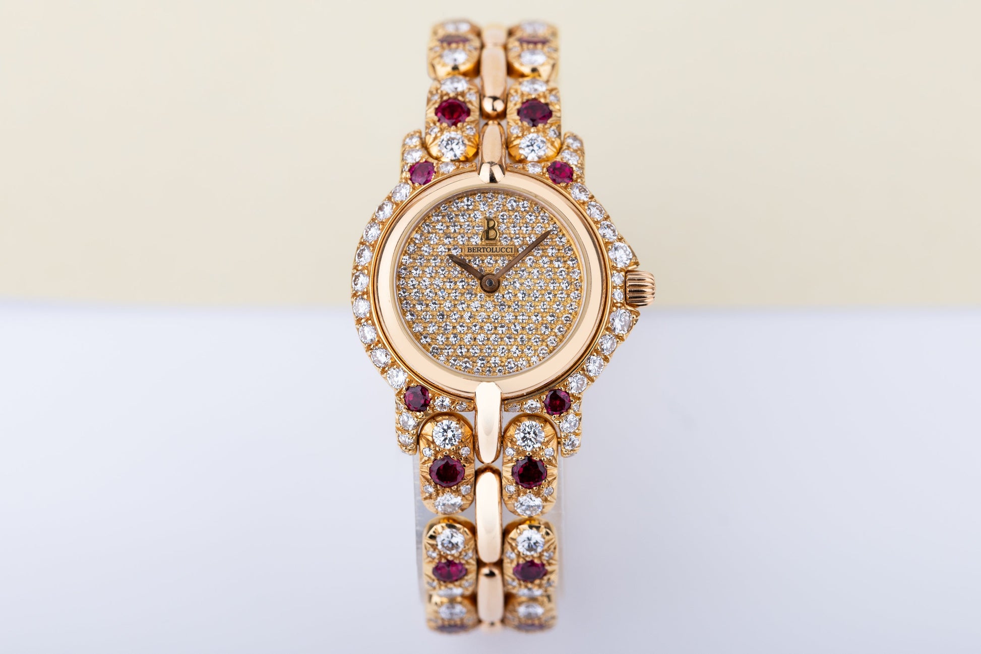 Unworn & Rare Bertolucci Pulchra Ladies Wristwatch | REF. 111.8055.68 | 18k Yellow Gold | Pave Diamond Dial, Ruby & Diamond Bracelet