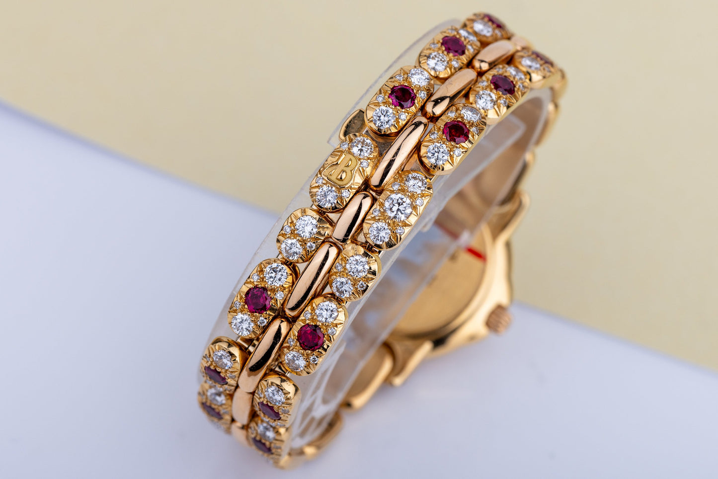 Unworn & Rare Bertolucci Pulchra Ladies Wristwatch | REF. 111.8055.68 | 18k Yellow Gold | Pave Diamond Dial, Ruby & Diamond Bracelet