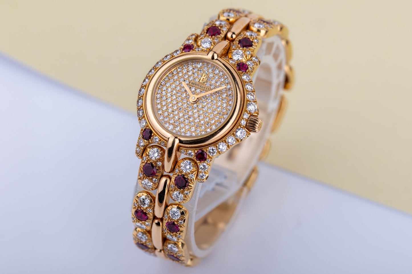 Unworn & Rare Bertolucci Pulchra Ladies Wristwatch | REF. 111.8055.68 | 18k Yellow Gold | Pave Diamond Dial, Ruby & Diamond Bracelet