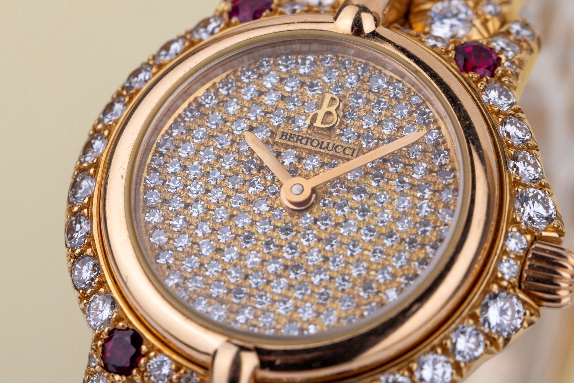 Unworn & Rare Bertolucci Pulchra Ladies Wristwatch | REF. 111.8055.68 | 18k Yellow Gold | Pave Diamond Dial, Ruby & Diamond Bracelet