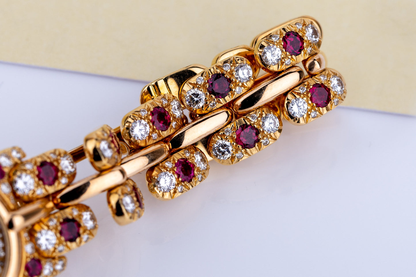 Unworn & Rare Bertolucci Pulchra Ladies Wristwatch | REF. 111.8055.68 | 18k Yellow Gold | Pave Diamond Dial, Ruby & Diamond Bracelet