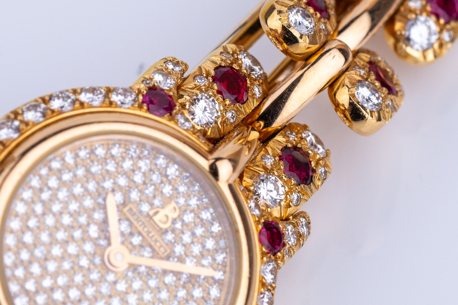 Unworn & Rare Bertolucci Pulchra Ladies Wristwatch | REF. 111.8055.68 | 18k Yellow Gold | Pave Diamond Dial, Ruby & Diamond Bracelet