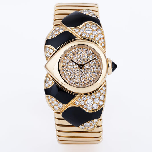 Unworn Vintage Bvlgari Farfalla Watch Bangle | REF. BJ 04 | Pave Diamond Dial | Onyx & Diamond Shoulders | 18k Yellow Gold | Circa 1990's