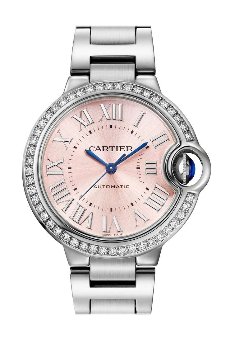 The Cartier Ballon Bleu de Cartier W4BB0037 is a 33 mm steel watch featuring a diamond-set bezel with 50 diamonds, a pink sunray dial Watch