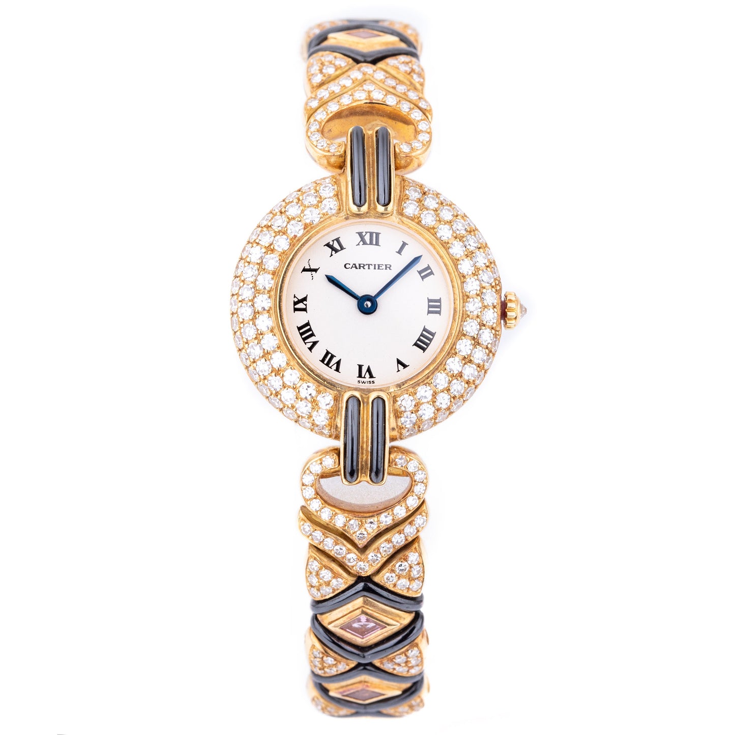 Unworn Cartier Colisee | REF. 881092 | Pave Diamonds, Tourmaline & Hematite | 24mm | 18k Yellow Gold